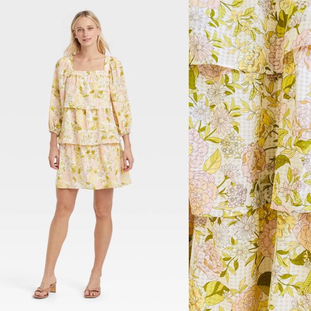 Who What Wear Women's Ruffle Mini Dress Small Bishop Sleeve Tiered Yellow Floral